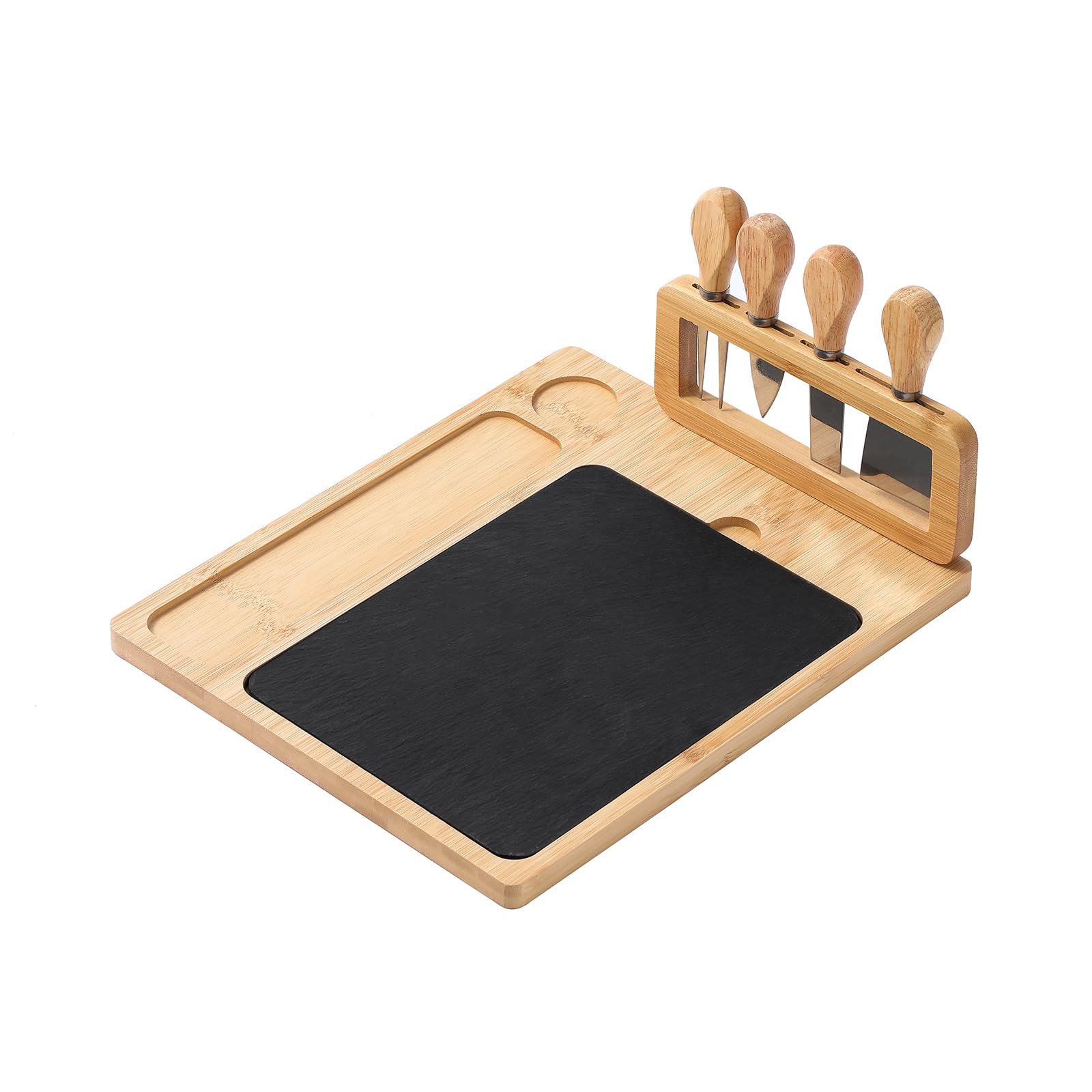 CECELORIA Cheese Board Set, Rectangle Charcuterie Board with Removable Rock Plate, 4 Knives Cutting Platter with Magnetic Tool Holder, Bamboo Serving Tray for Family Daily Use, Parties, Picnics