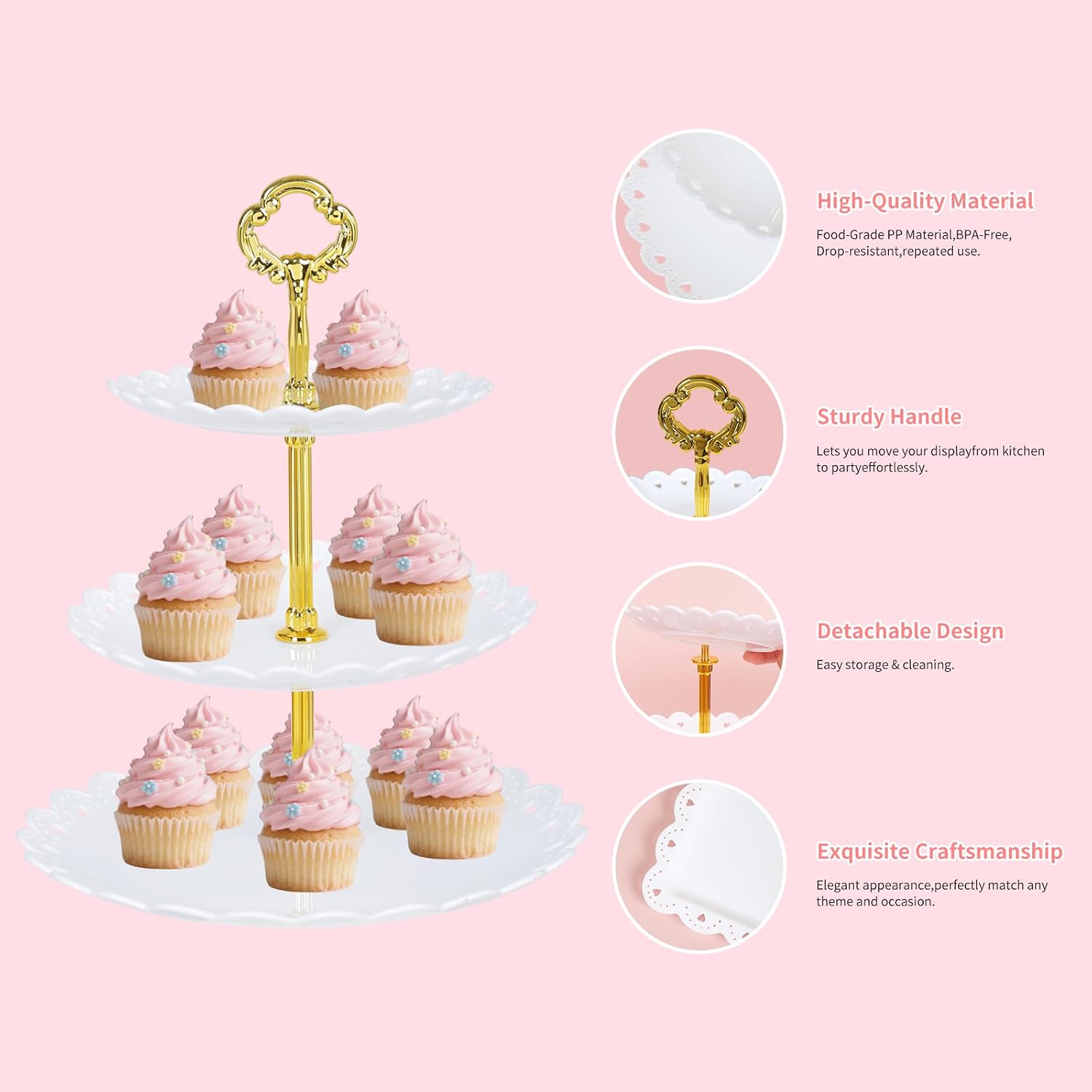 10 Pcs Dessert Table Display Set,with 6 Pcs 3-Tier Cupcake Stands & 4 Pcs Food Serving Trays- Cookie Tray Rack Cake Display Tower for Wedding, Baby Shower, Tea Party, Birthday Decorations