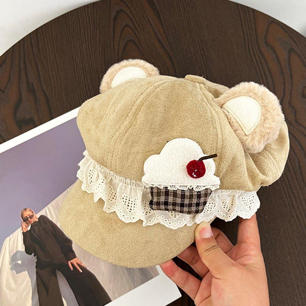 Béret Lolita Sweet pour Femme, Béret d'hiver en Dentelle, Bonnet À Oreilles d'ours Mignon, Chapeau De Peintre À Gâteaux en Dentelle, Accessoires pour Kawaii