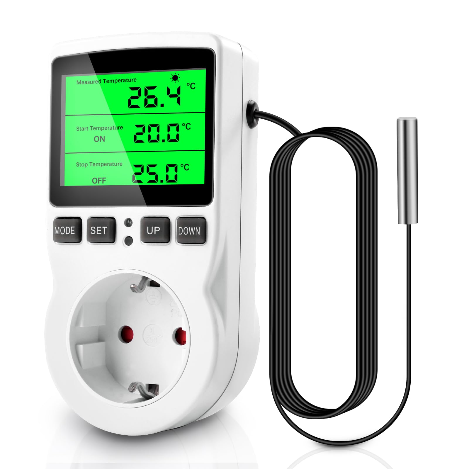 MC POWER - TCU-441 Digitale stekkerthermostaat met sensor, temperatuurregelaar met stopcontact, kabel waterdichte buitensensor voor broeikas, aquarium, koelkast