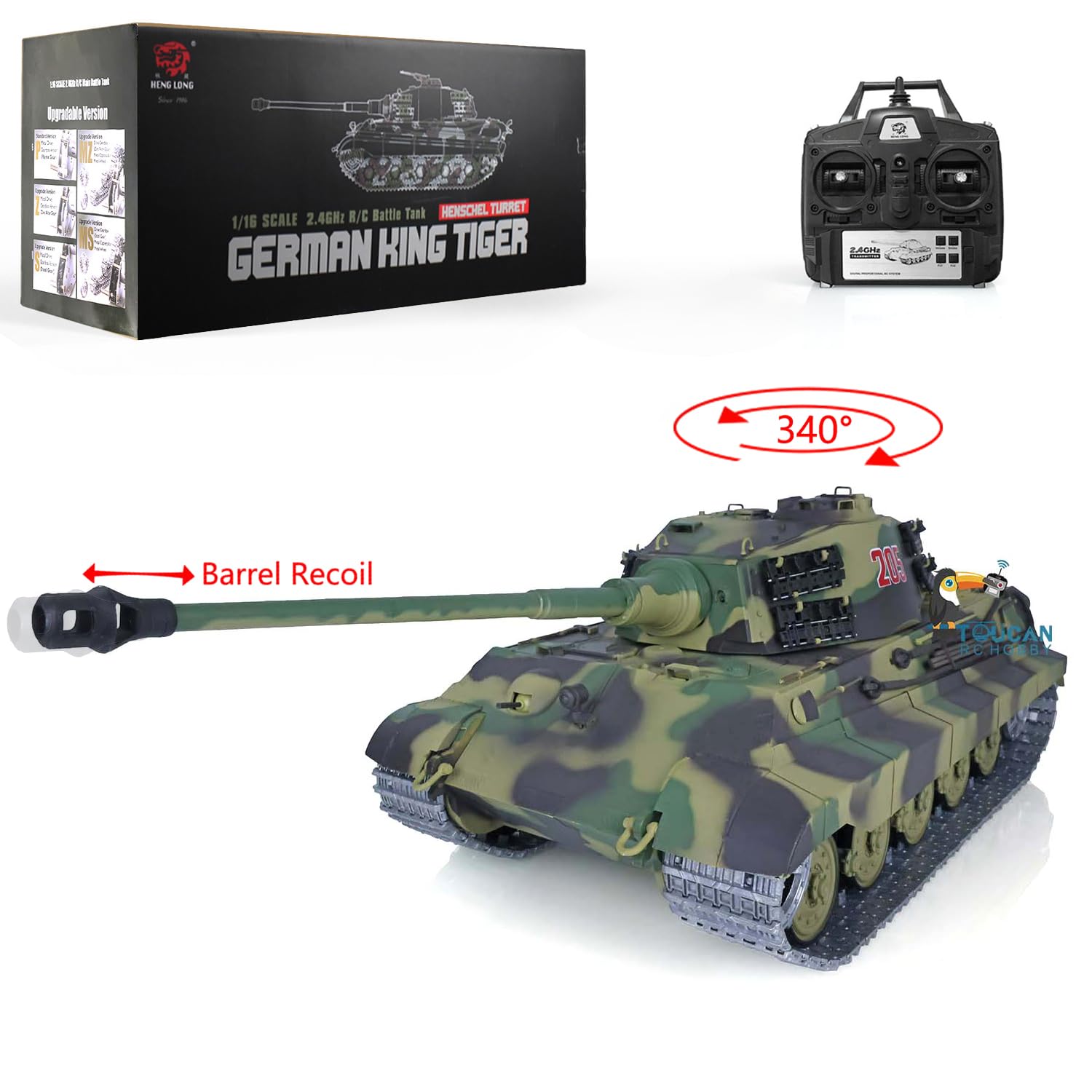 Henglong 2.4G 1/16 7.0 Tedesco King Tiger RC Tank 3888A Metal Track Barrel Recoil Adult Hobby