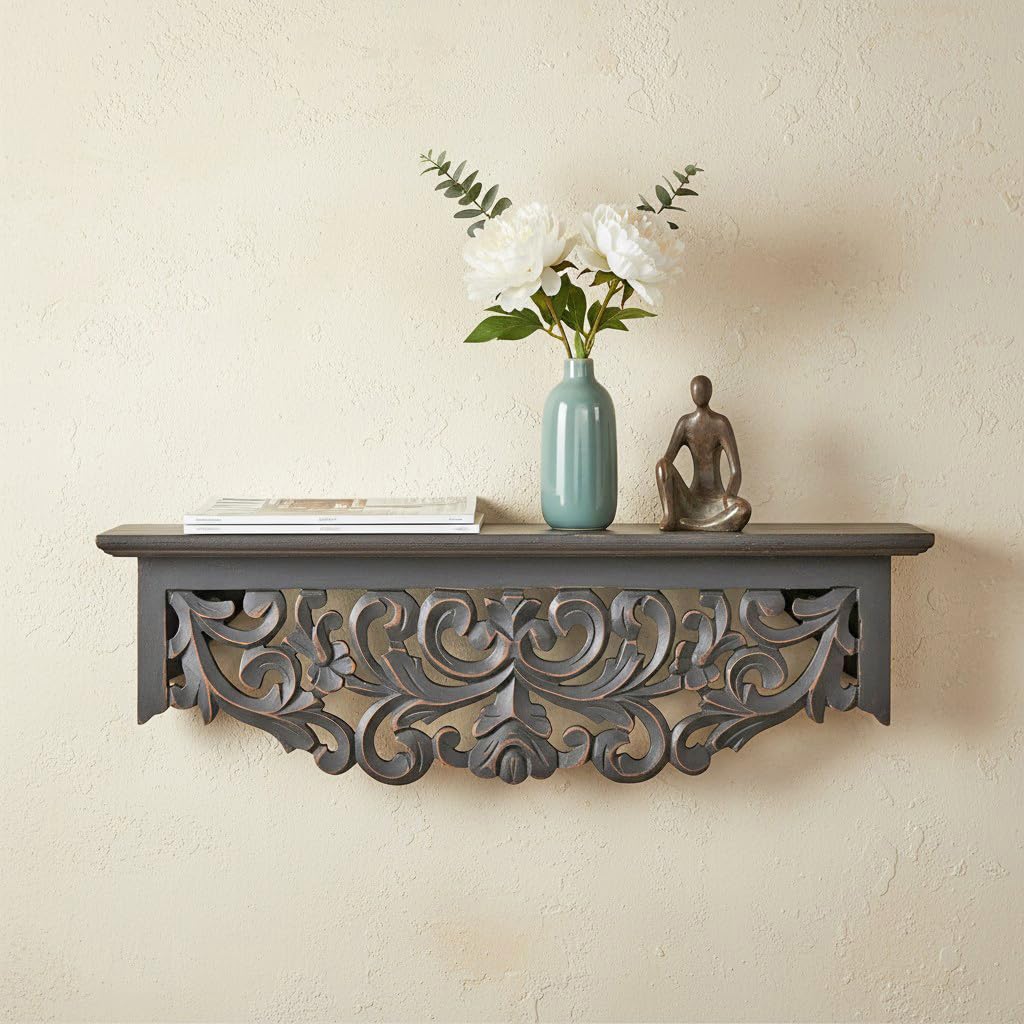 THE URBAN STORE Shelf Wooden Wall Mounted Distressed Grey Color 60 x 20 X 19 CM Pack of One French Country Style Elegantly Floral Hand Crafted for Home and Office Decor TUSSLF09-image-11
