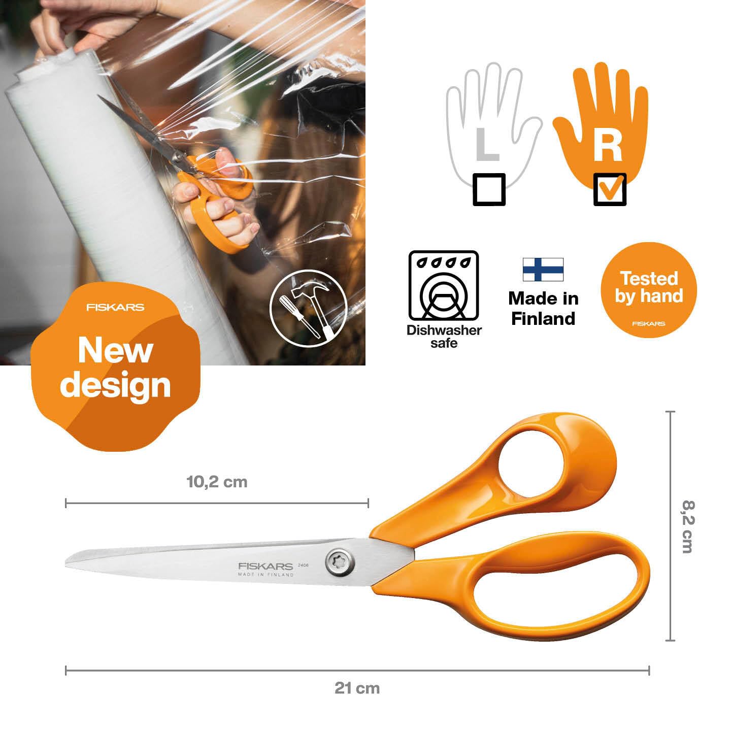 Fiskars Classic Uniwersalne nożyce dla majsterkowiczów, praworęczne, długość całkowita: 21 cm, ulepszona śruba Torx i ergonomiczny uchwyt, wysokogatunkowa stal/plastik, pomarańczowy, 1075034