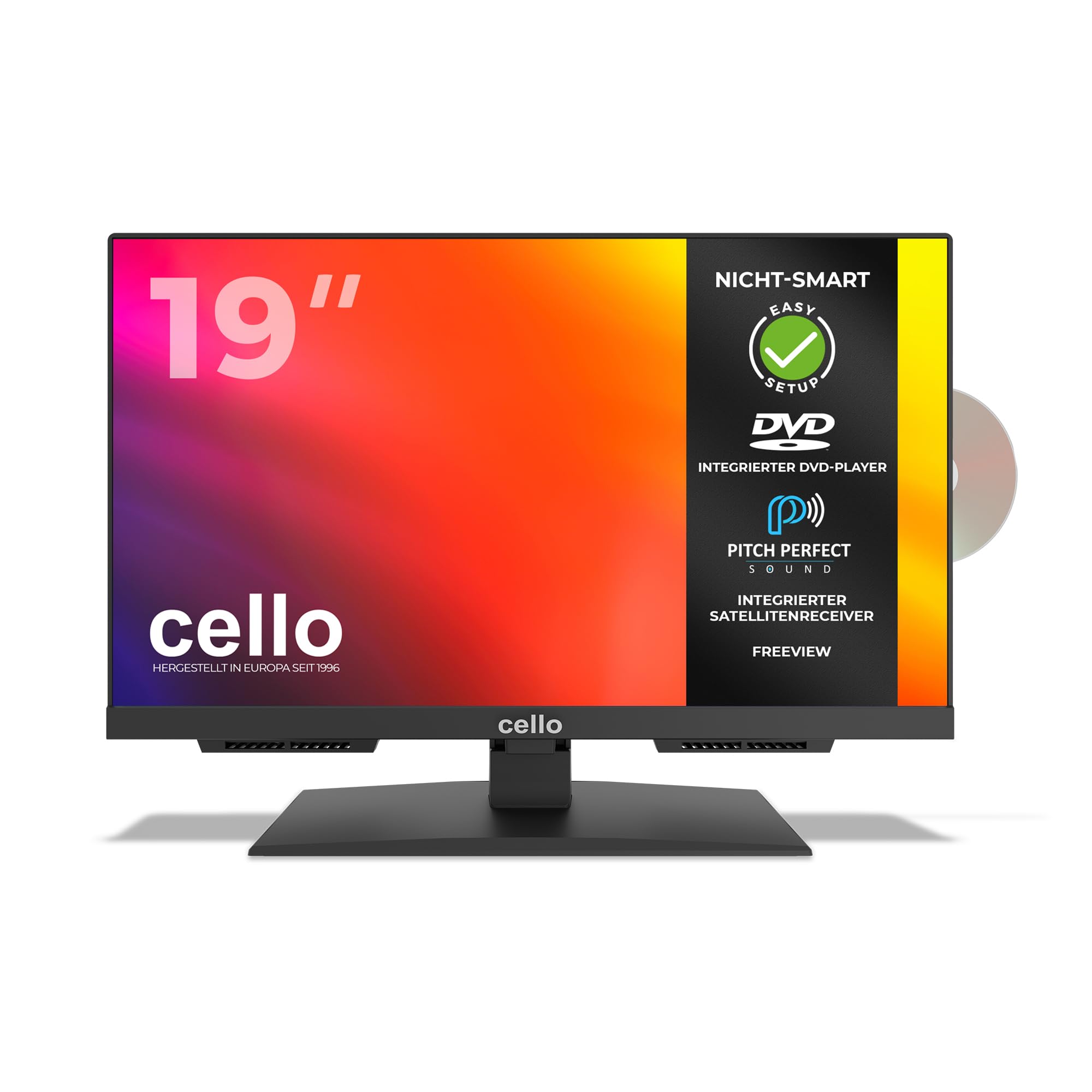Cello C1924F 19 Zoll LED-Fernseher mit DVD-Player, Triple-Tuner DVB-C/S2/T2, USB-Aufnahme, HDMI, Pitch Perfect Sound, 230 V
