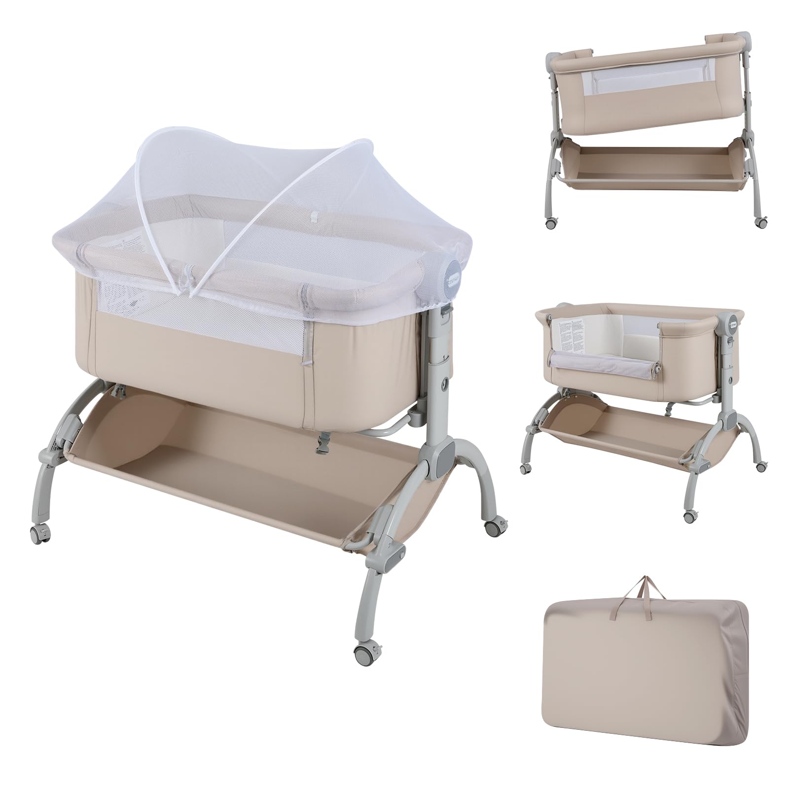 LIFEZEAL Cododo regolabile in 7 altezze, culla pieghevole con borsa portaoggetti, culla in tessuto Oxford con materasso e ruote universali, capacità 9 KG, 95x65x73,5-85,5 CM (beige)