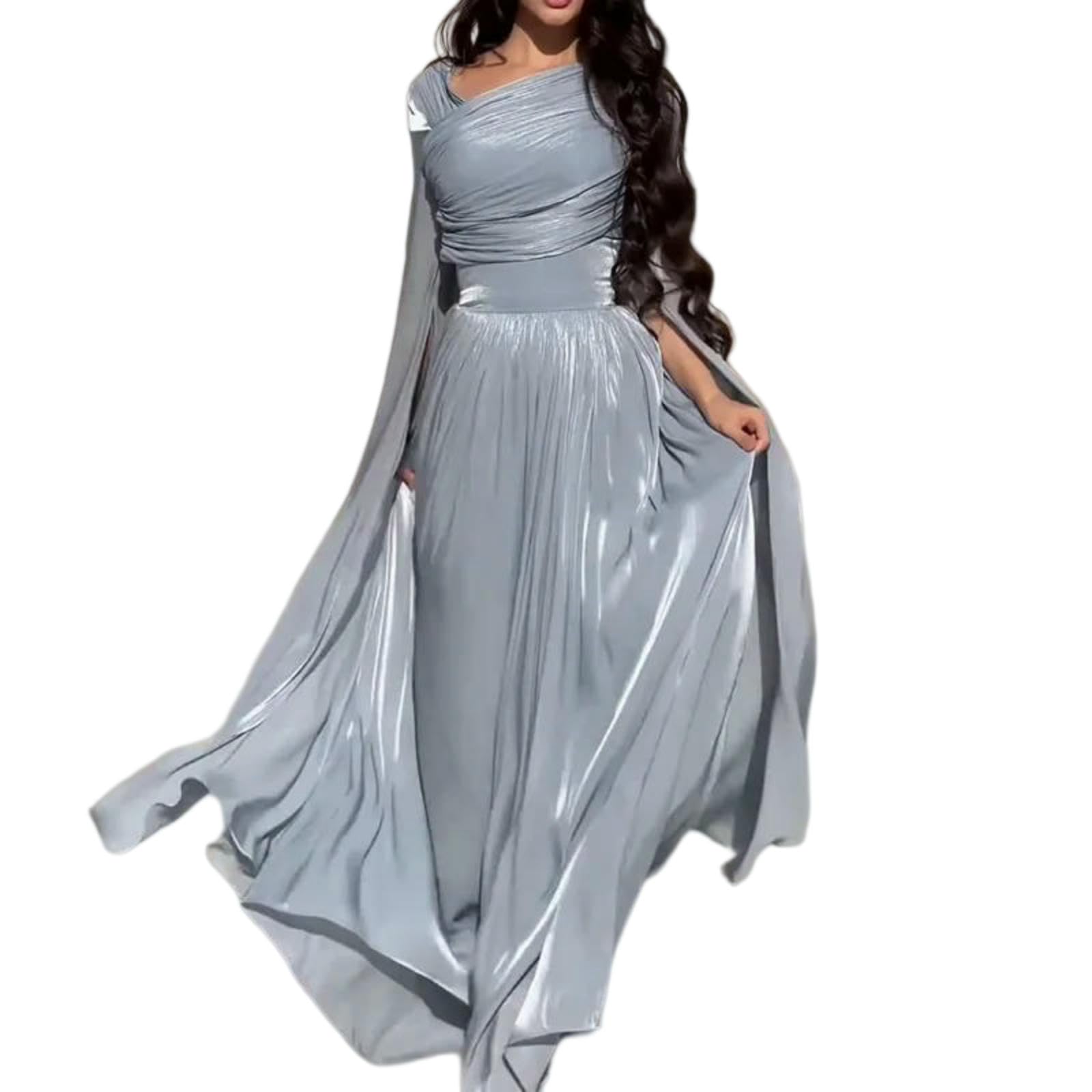 Damenkleid Frauen Eine Schulter Drapiert Maxi Kleid, Lange Ärmel Hohe Taille Schlitz Elegantes Kleid Für Abend Formelle Party-02 Blue-l