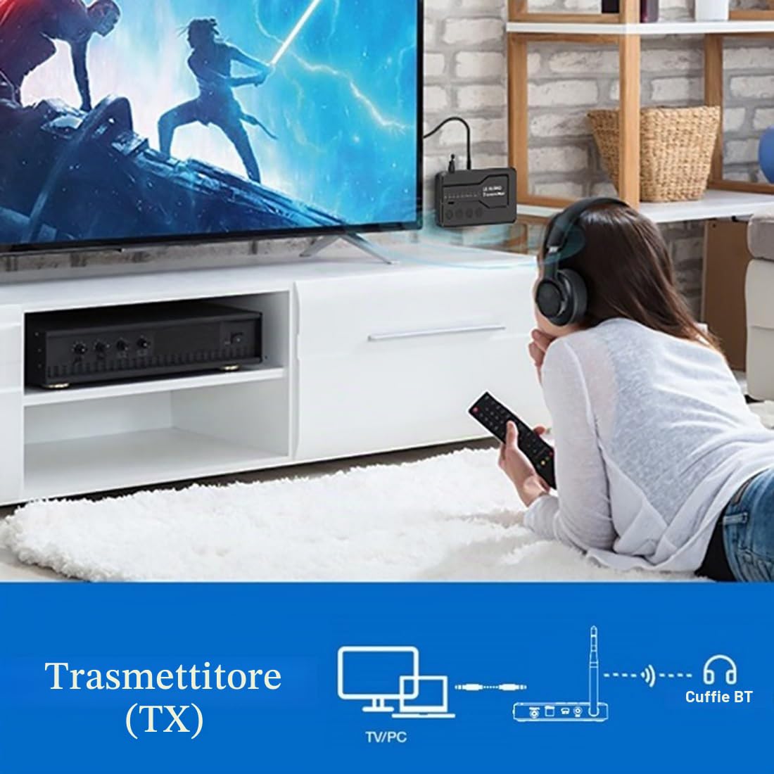 eppfun LE Audio APTX-Lossless/Adaptive Auracast & Bluetooth 5.4 Trasmettitore per TV, Adattatore Audio Bluetooth con jack 3.5mm/ Optical/Coassiale, per Cuffie