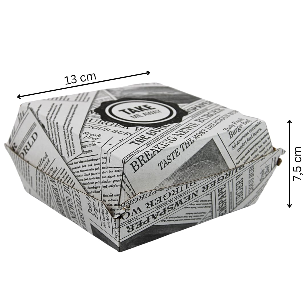 Enpack Burger-Box in Weiß aus Kraftpapier - 13,5 x 13,5 x 7,5cm Snackbox mit Klappdeckel - Beschichteter Einmalbehälter mit Druck für Burger, Snacks und Chips