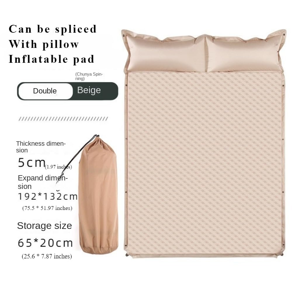 Outdoor camping essential automatic portable thickened single double comfortable splicing medium and high air mattress bed one twist inflatable mattress bearing more than 300 pounds (Double beige)