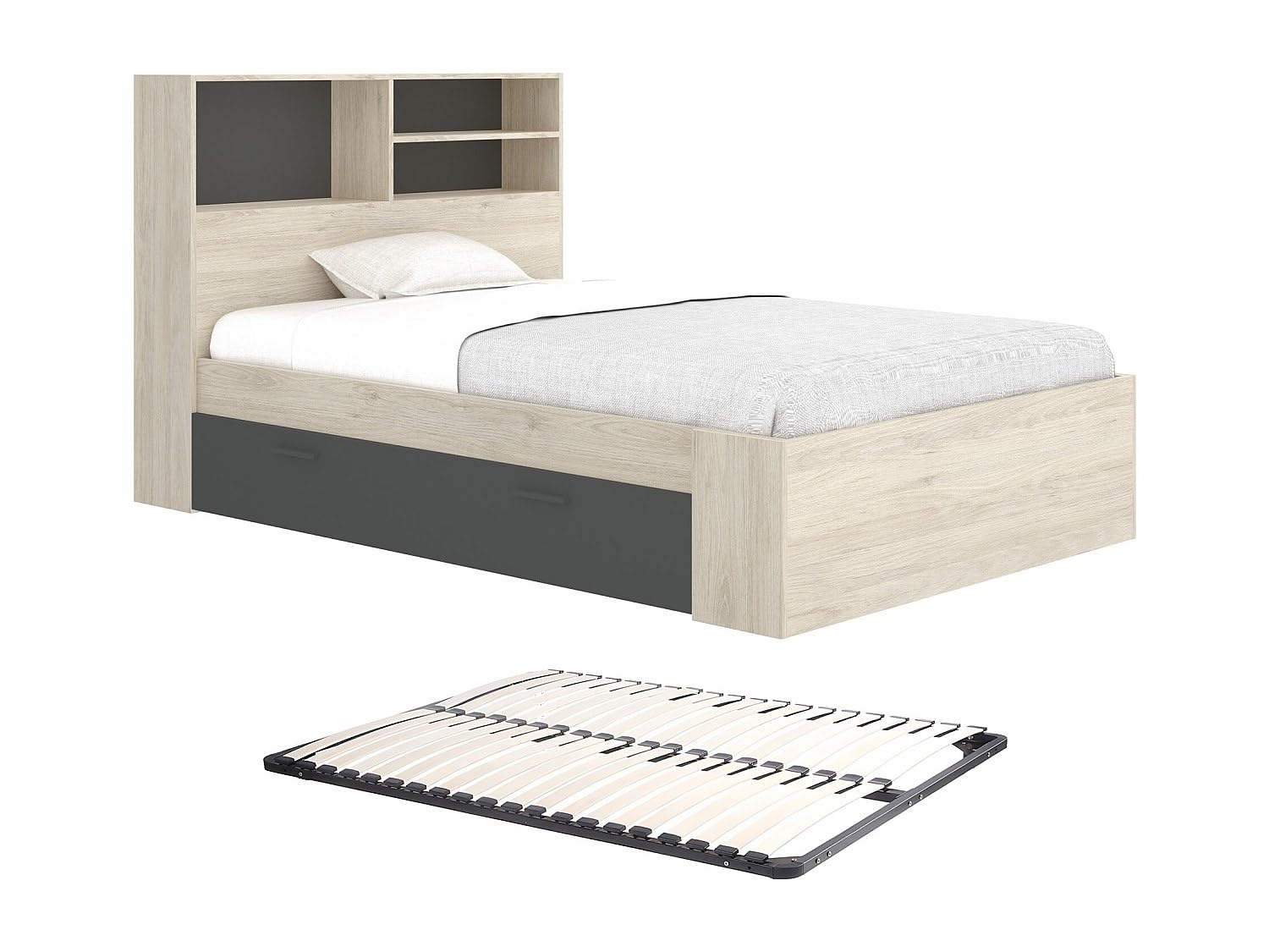 Vente-unique - Lit 120 x 190 cm avec rangements - Coloris : Naturel et Anthracite + Sommier - VARDIEL