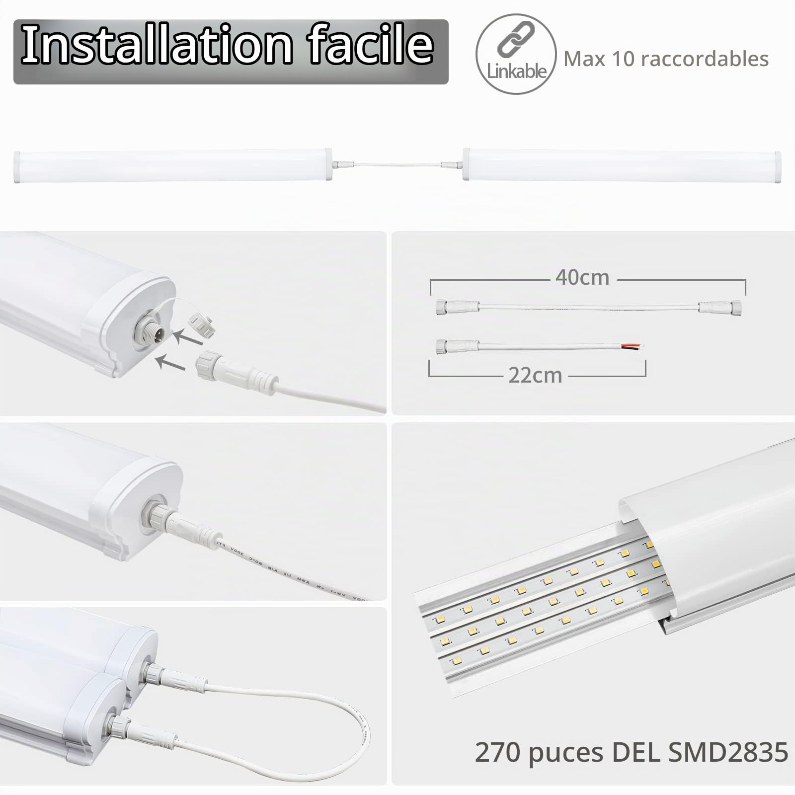 Néon LED 120CM, Tube 36W 3600LM, Réglette IP65 Luminaire Plafonnier Étanche Pouvant Être Lié Pour Atelier, Sous Sol, Bureau, Grange, Cave - Blanc Neutre 4000K