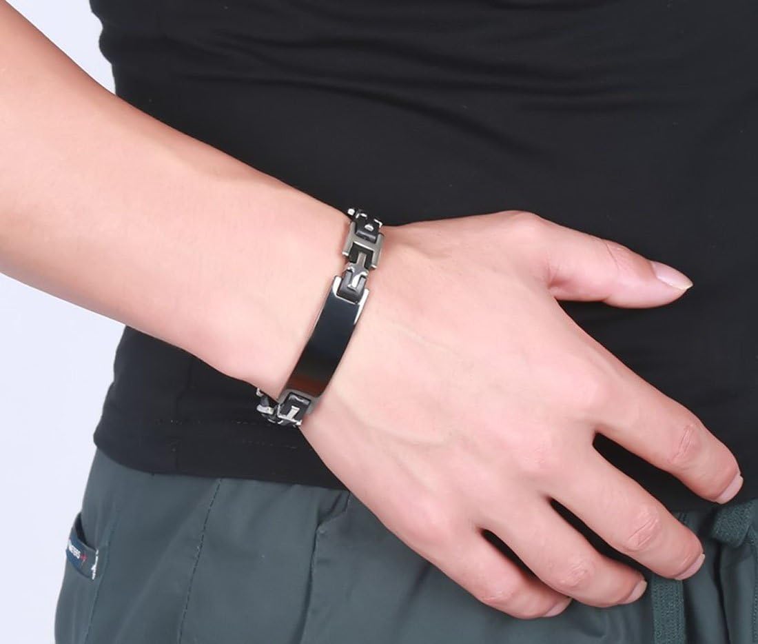 DIB Free Engraving Stainless Steel ID Bangle Genuine Leather Bracelet for men, Wrist Link Chain 8.8"