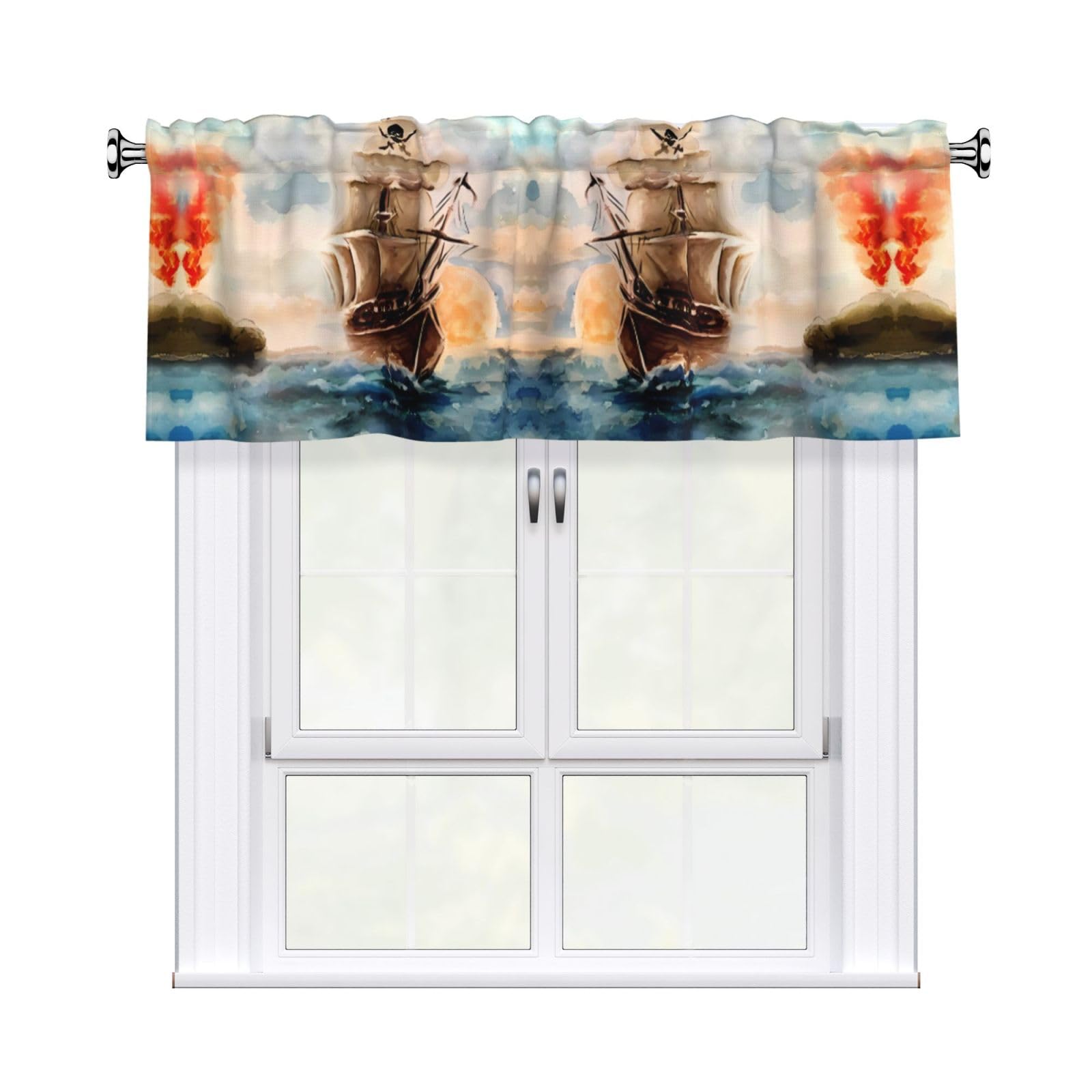 HJFCZH Nautical Sailboat Prints Curtain Valance 54x18in - Peach Skin Kitchen Window Layer, Filtered Light & Quick-Install Rod Pocket Cover