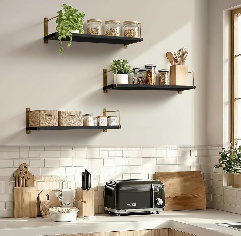 Image of Wall Shelf Mounted Bathroom Shelves Pack of 3, Golden Black Floating Shelves with Metal Brackets, Wall Storage Display Rack Toiletries, Organizer, Kitchen, Bedroom, Living Room 23.5 inch