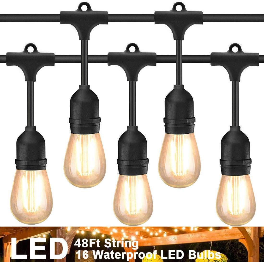 Rybozen LED Outdoor String Lights 48Ft with 16 Hanging Sockets Cafe Vintage Bistro Weatherproof Strand for Porch Patio Garden