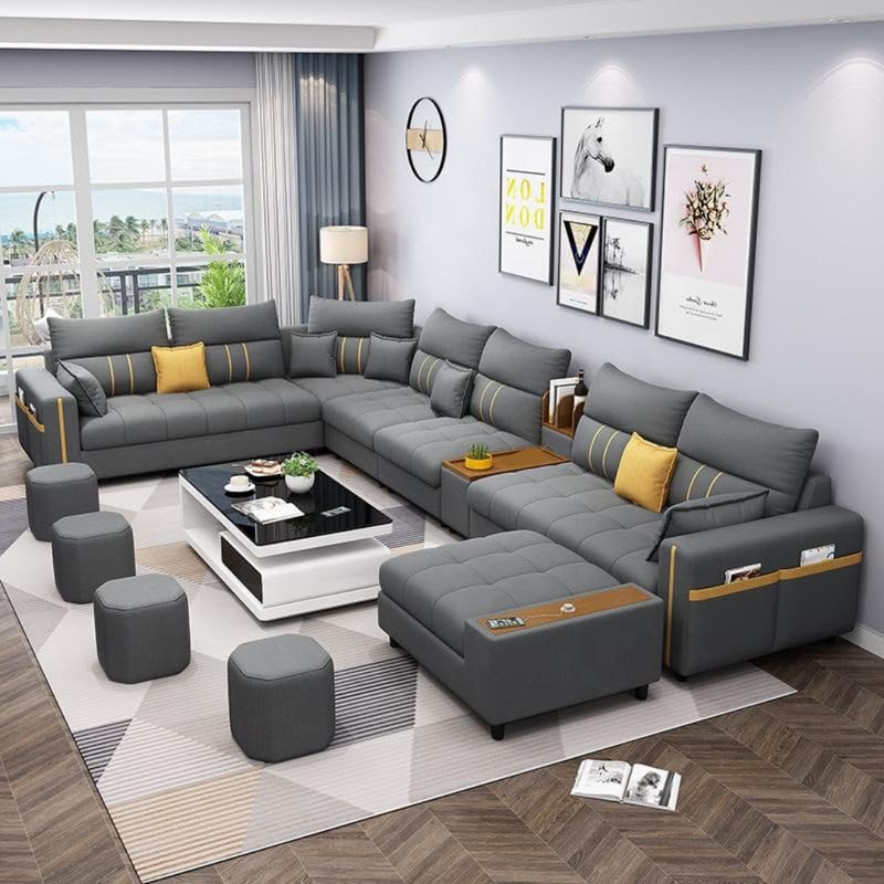 Image of Homax. Rebecca Modular Smart Sofa 12 Seater U Shape - High Back Interchangeable Sectional with Pop-Up USB Charging, Smart Console, Storage, Side Pockets, Modern Living Room Furniture - Dark Grey