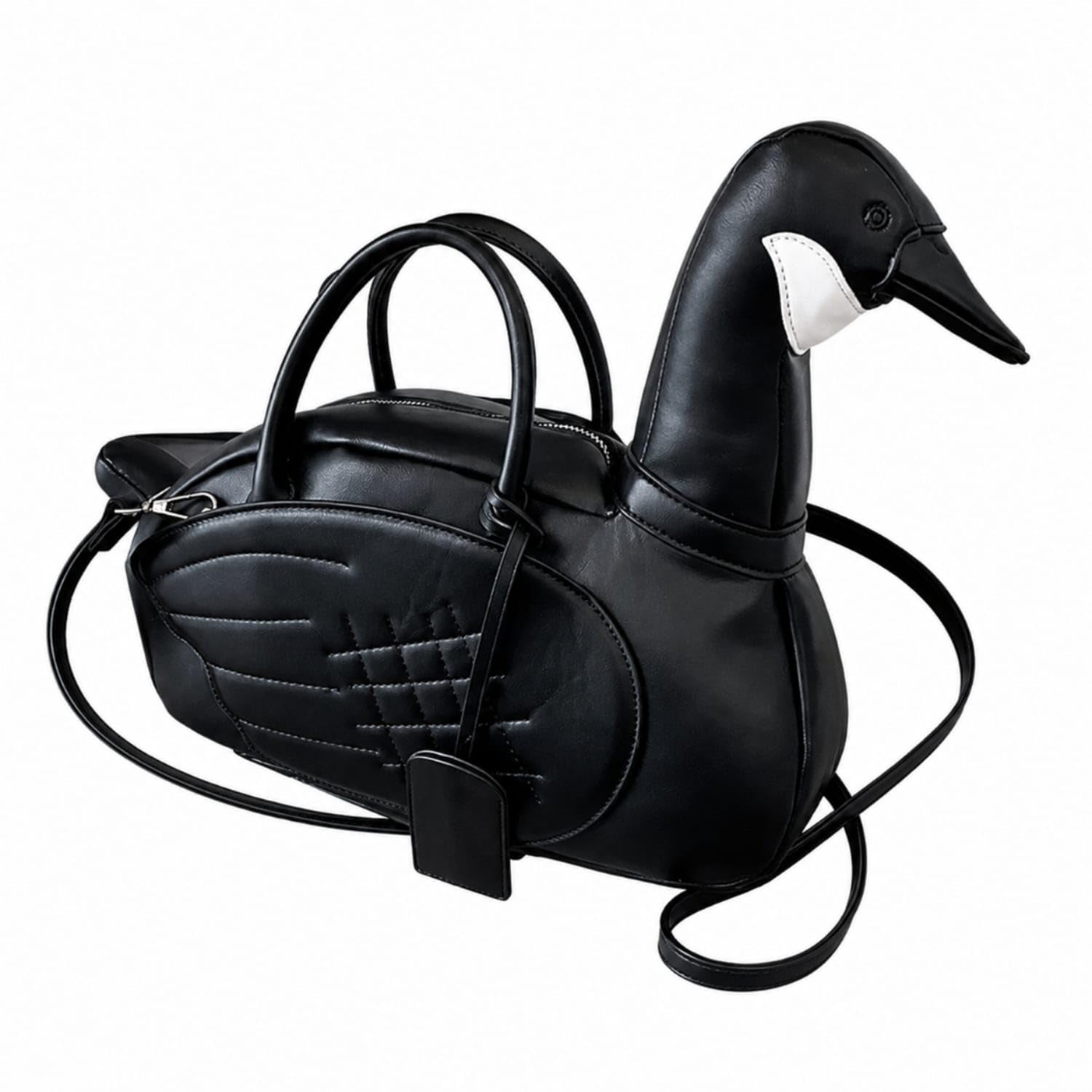 Structured Duck Handbag Quilted Duck Shaped Purse Sculptural Animal Purse Playful for Women, Teens, Streetwear, Commuting, Travel, Black White-image-31