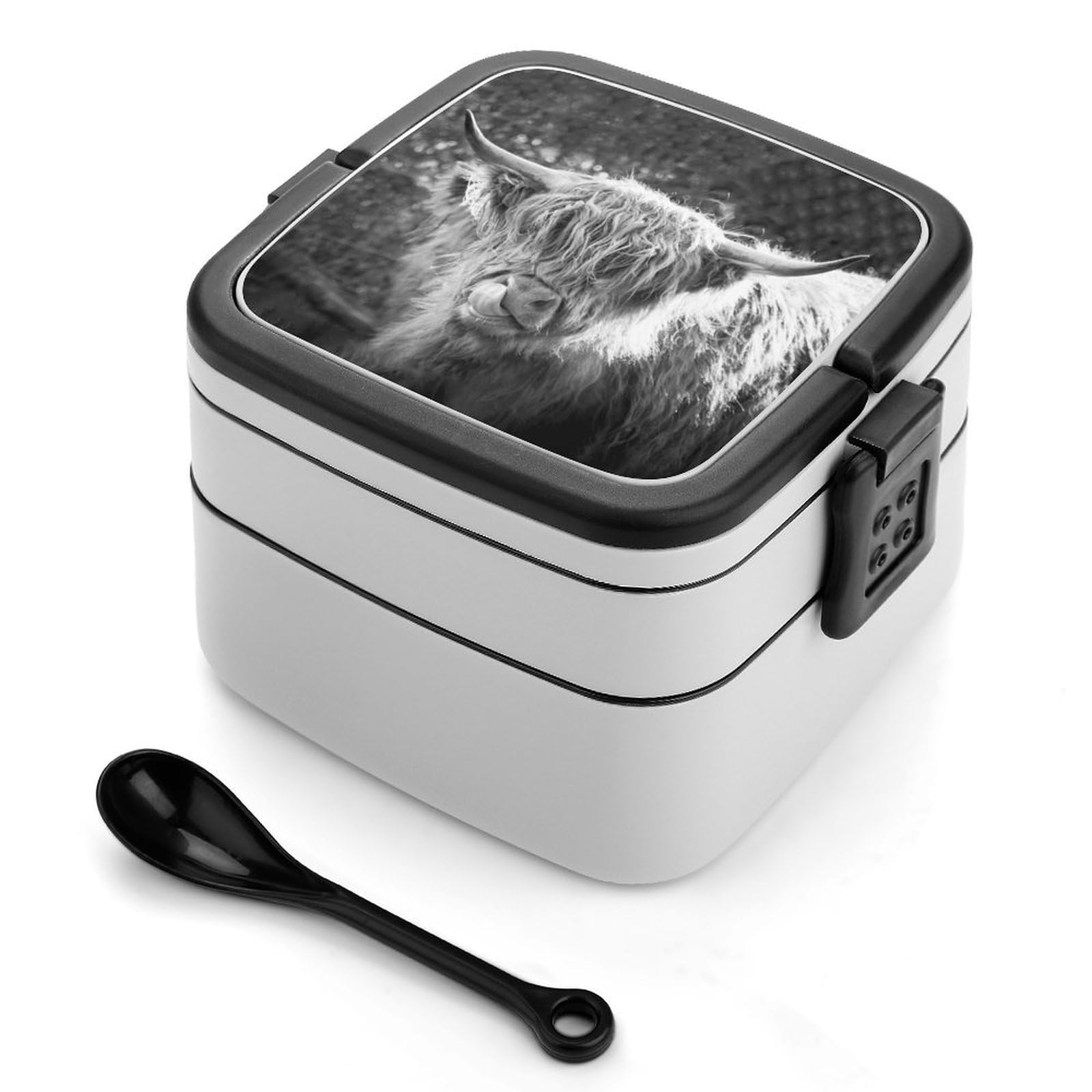 CGSBNGHA Black White Highland Cow Bento Lunch Box 2 Layer Lunchbox Food Container for Adults Office