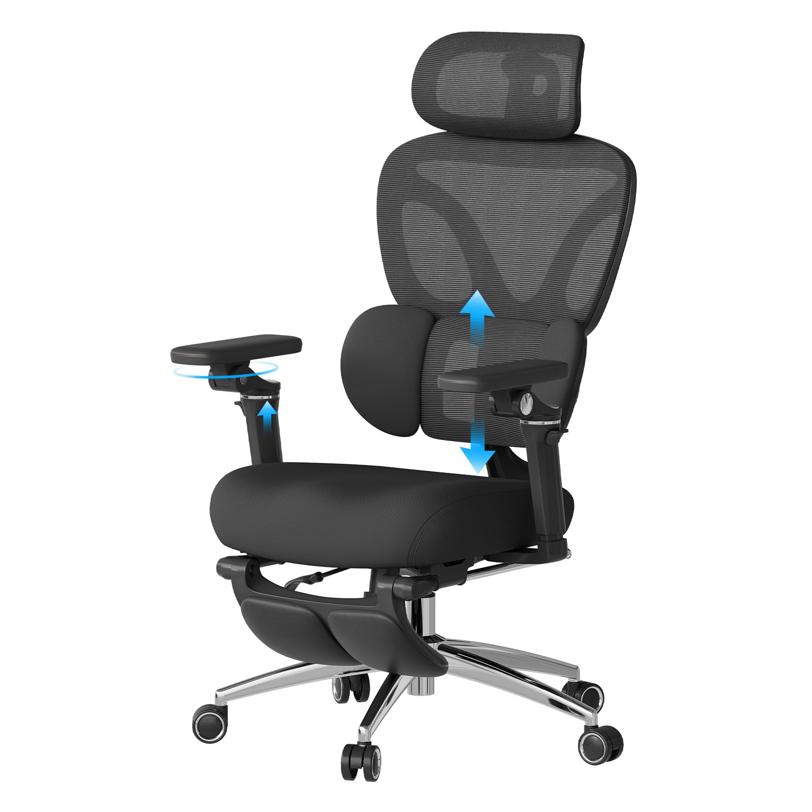 WOLTU Silla de Oficina Ergonómica, Silla Escritorio de Trabajo, Negro | Respaldo Inclinable y Reposapiés, Soporte Lumbar, Reposacabezas 3D, Reposabrazos 6D, en Estudio u Oficina