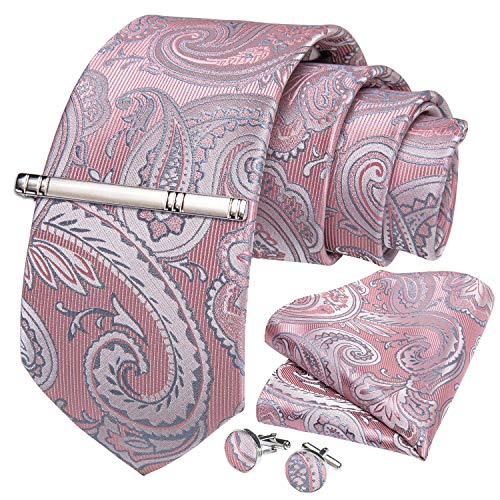 DiBanGu Blush Pink Tie for Men Silk Paisley Necktie Handkerchief Cufflinks Tie Clip Set