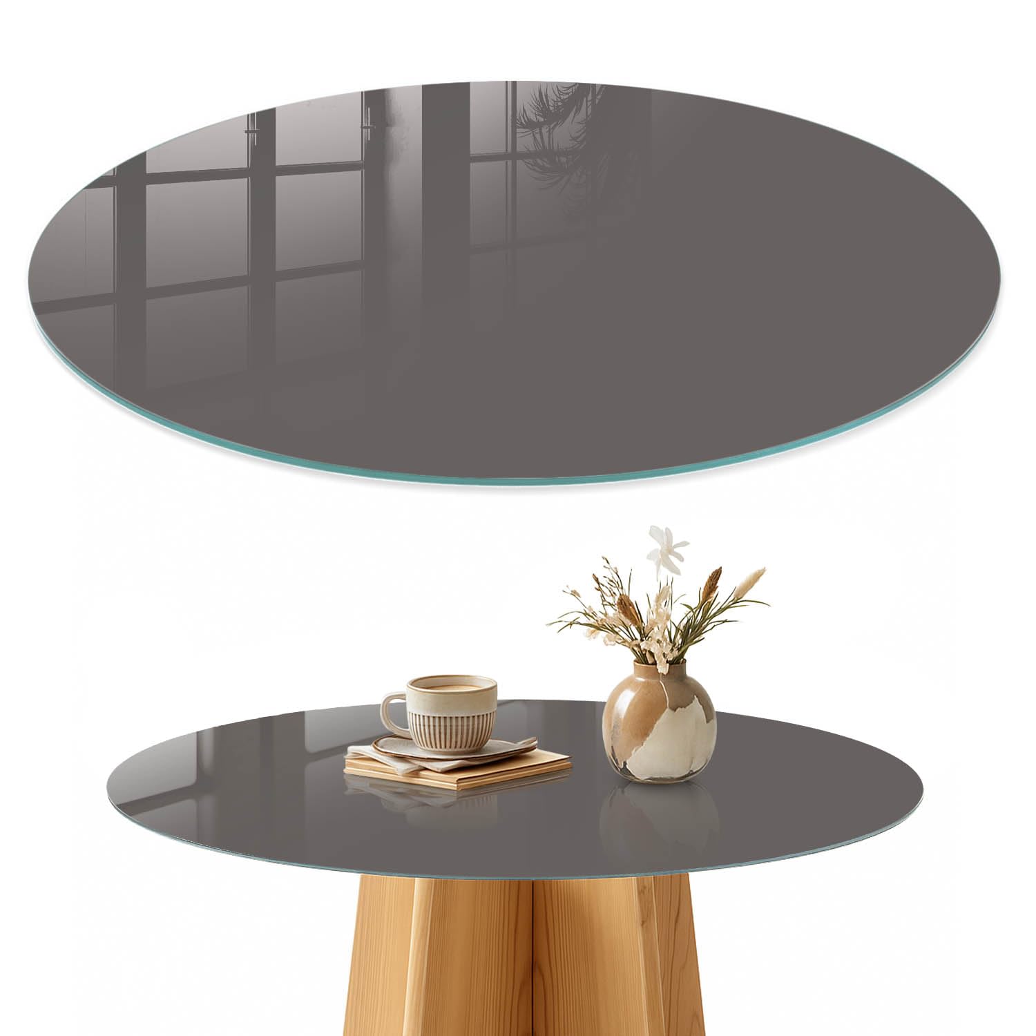 Placa de Cristal 100 cm | Redondo | Espesor 4 mm | Bordes Pulidos | Gris oscuro | para la Cocina y Salón | Vetro Temperato | con Impresión Decorativa | Pies Antideslizantes
