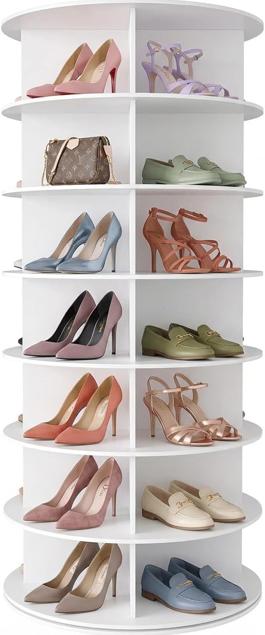 7 Tier Rotating Shoe Rack Tower, 360° Spinning Shoe Rack Lazy Susan, Purse Shelf Display Carousel, Sleek Space-Saving Shoe Storage Stand, White
