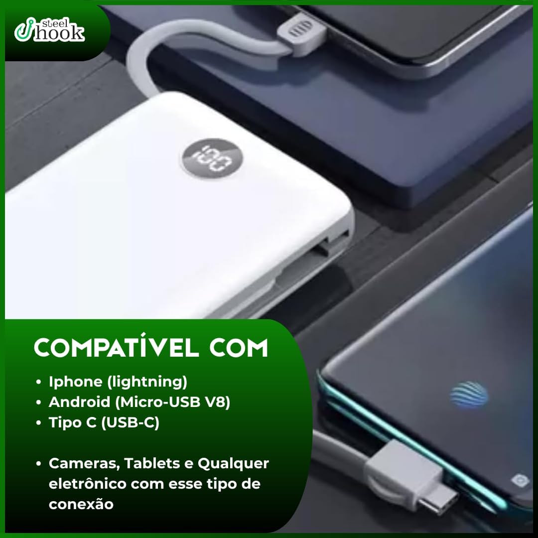 Carregador Portátil Power Bank 20.000mAh, Carregador Indução até 15 horas de bateria, compatível com iPhone, Samsung, Motorola e Xiaomi - Steel Hook Carregador Portátil Power Bank 20.000mAh, Carregador Indução até 15 horas de bateria, compatível com iPhone, Samsung, Motorola e Xiaomi - Steel Hook