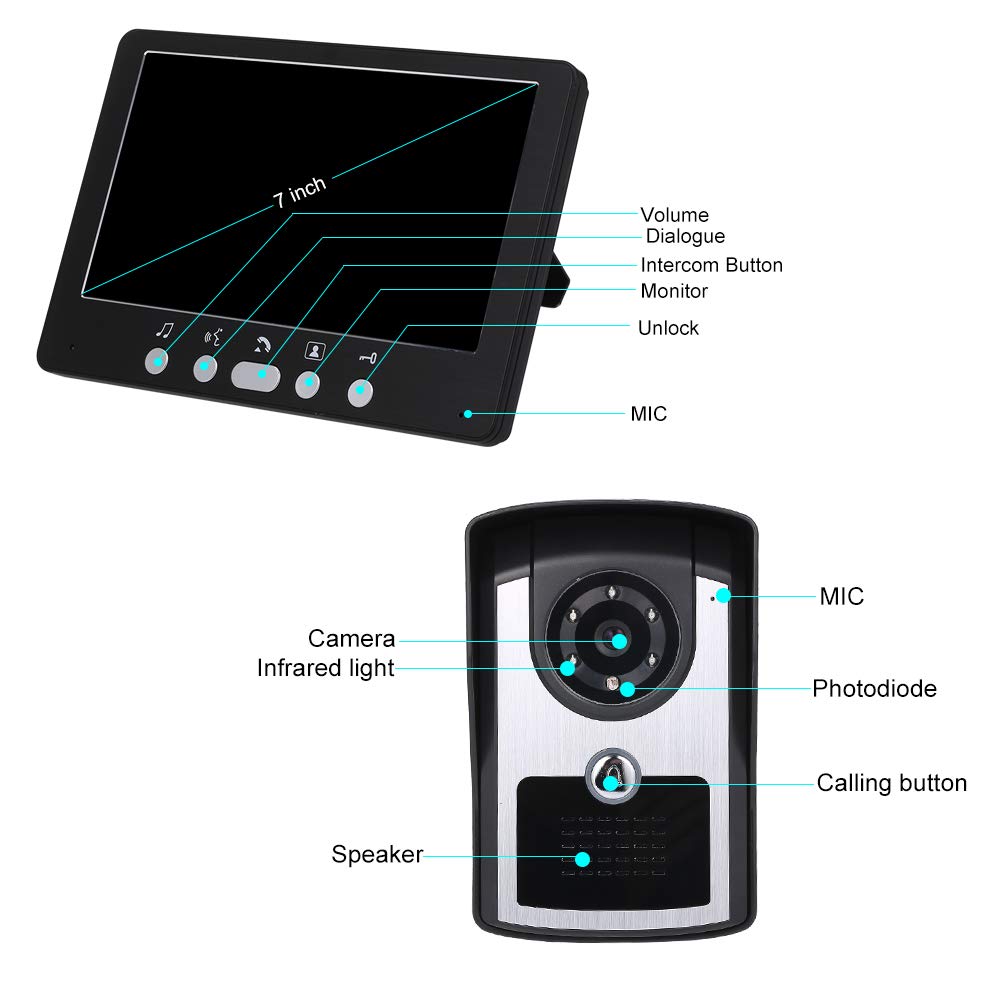 Monitor de 7 Pulgadas Cámara HD Videoportero Teléfono Timbre Sistema de intercomunicación Visión Nocturna IR Cámara de Timbre con Cable