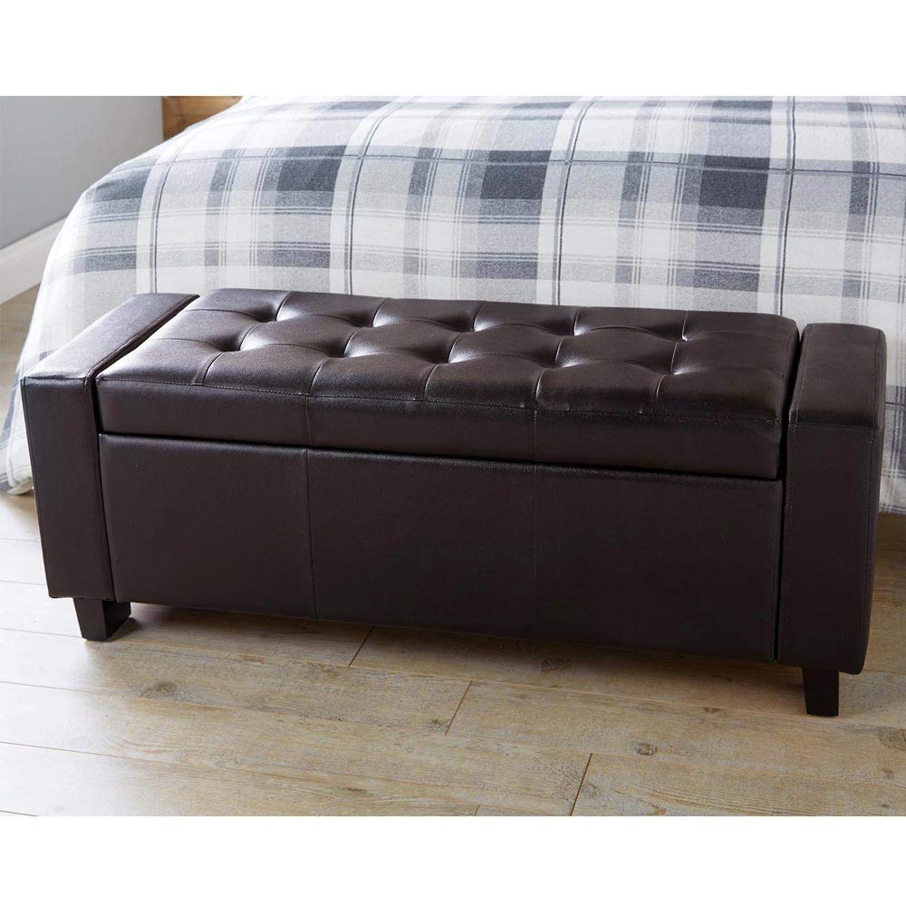 BAKAJI Cassapanca Pouf Contenitore Poggiapiedi per Camera da Letto Panca Sgabello con Struttura in Legno Rivestimento in Eco Pelle Seduta Apribile Imbottita Dimensioni: 110 x 40 x 40 cm (Marrone)