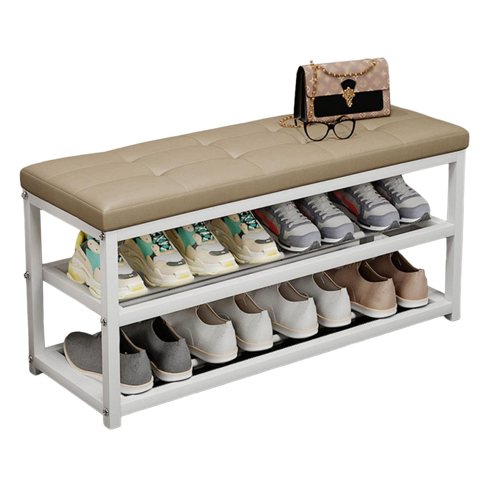 Tabouret à chaussures avec assise rembourrée et étagère en métal pour entrée