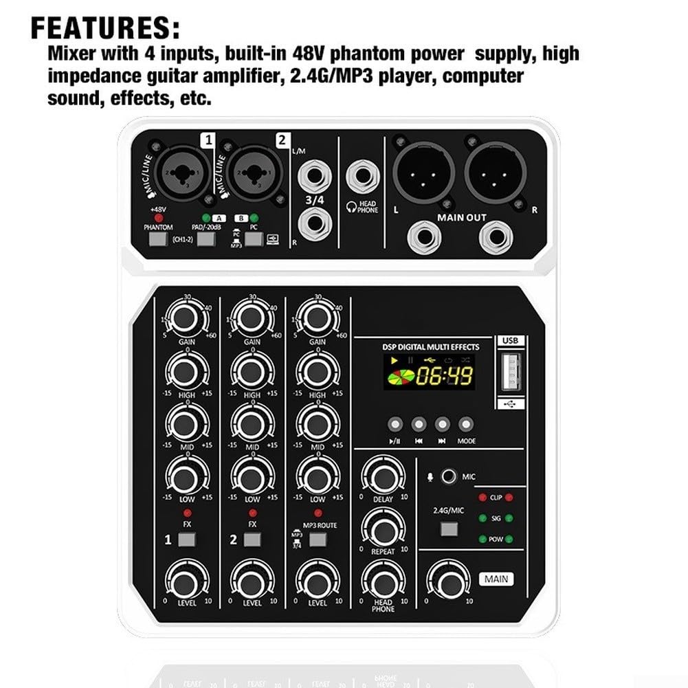 Tragbarer 4-K-Audio-Mixer mit 48-V-Unterstützung, für Mini-Mischpult mit integriertem MP3-Player und Dual-Mikrofonen für Bühneneinsatz