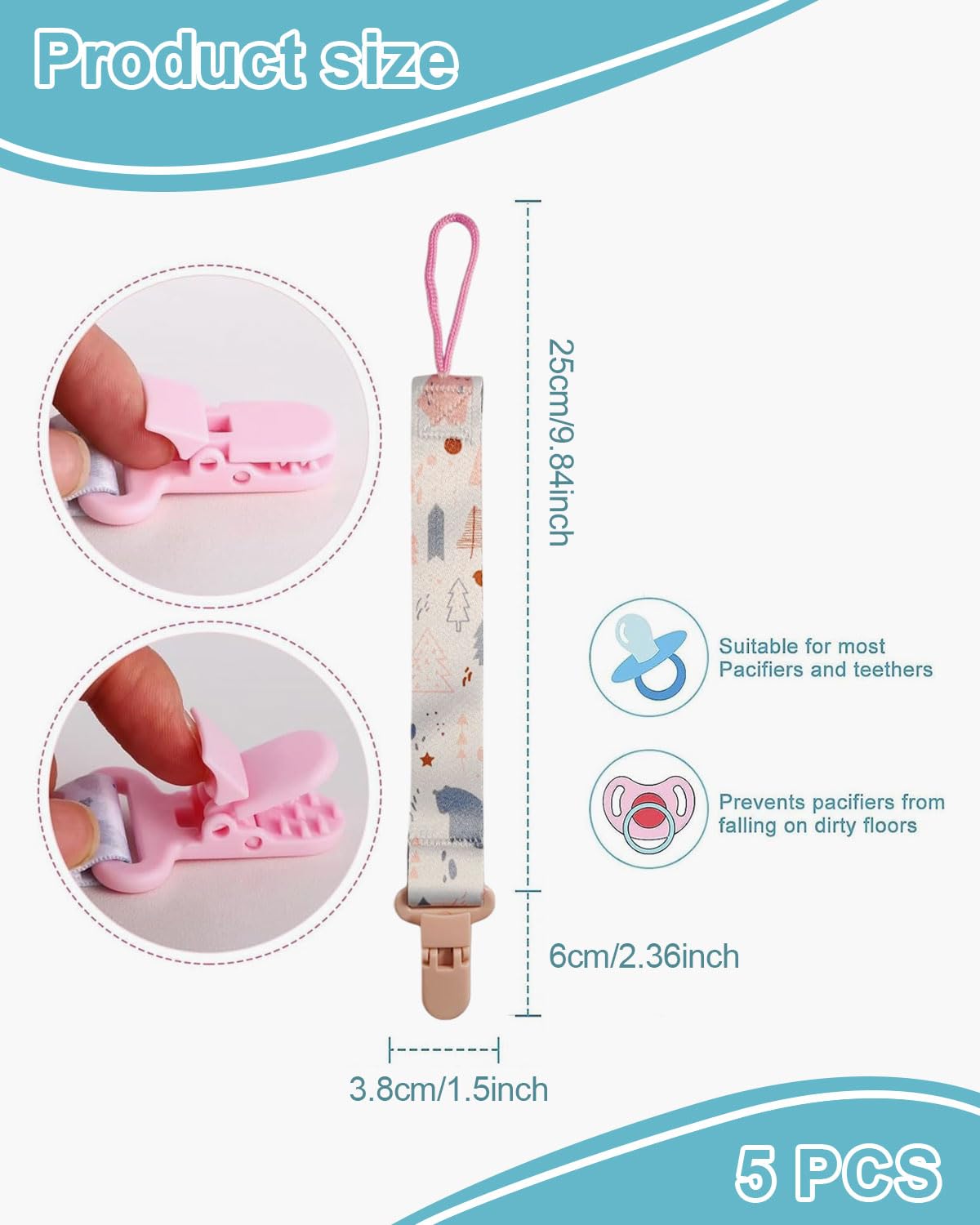 ZEXIJOW Attache Sucette Bébé,Lot de 5 attaches-tétines avec sangles en coton,Pacifier Clip Chain,Garde la Tétine Propre,Douce et Flexible,Durable–Haute Ténacité Pour Bébés Garçons et Filles - 2