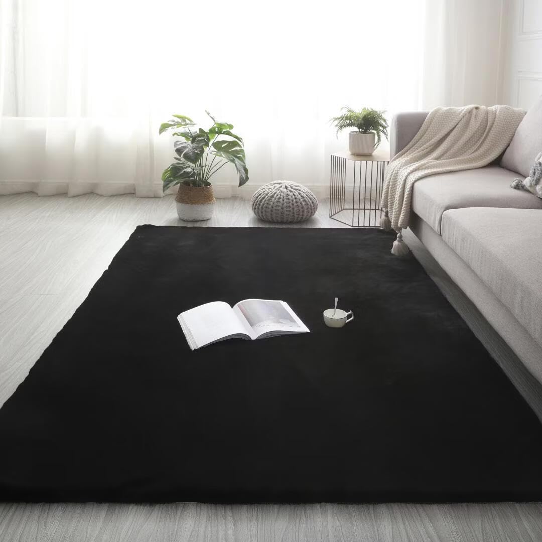 GGBOND Luxury Faux Rabbit Fur Carpet 60x150cm Thick Shaggy Plush Rug Anti-Shedding Hypoallergenic Non-Slip for Nursery Kids Play Pet Friendly Home Decor Black