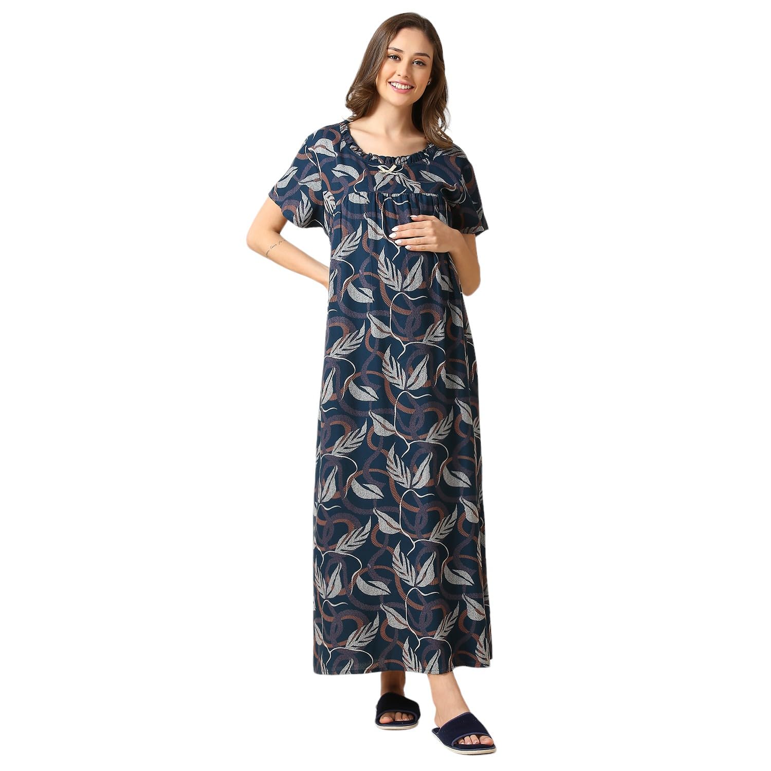Women's Cotton Blend Maxi Maternity Nighty/Feeding Nighty/Pregnancy Night Gown/A-Line Nursing Nighty with Zippers for Nursing Pre and Post Pregnancy