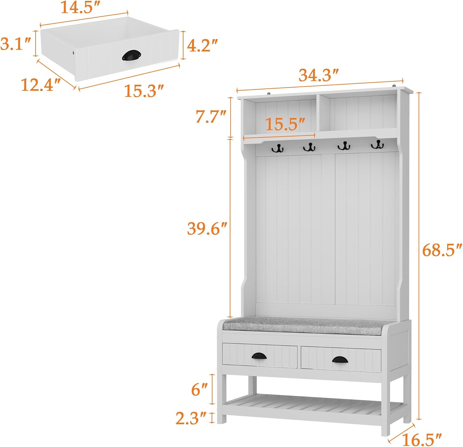WOODTIME Hall Tree with Bench and Shoe Storage, Multi-Purpose Entryway Bench with Coat Rack, Padded Seat Cushion, 4 Double Hooks, Open Shelves and 2 Drawers, White & Black