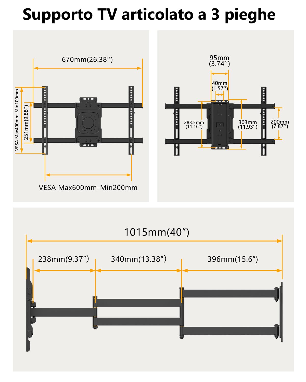 Supporto TV Parete con Braccio Extra Lungo 1016mm per Schermi LCD/LED/OLED da 37-75 Pollici, Staffa TV Girevole Inclinabile ed Estendibile, Braccio TVs ad Angolo VESA 600x400mm fino a 45kg