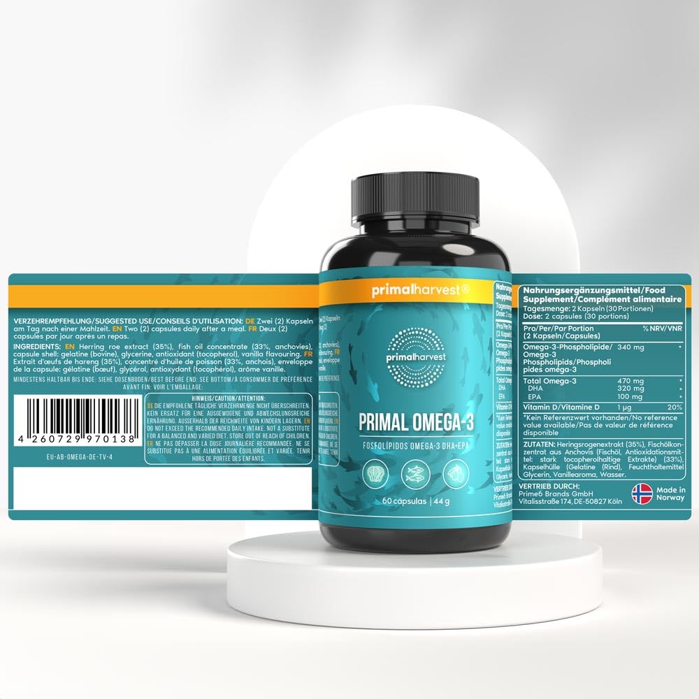 Primal Omega 3 Fish Oil de Primal Harvest - Suplemento con ácidos grasos EPA y DHA, así como Vitamina E, para hombres y mujeres, 60 cápsulas (2)