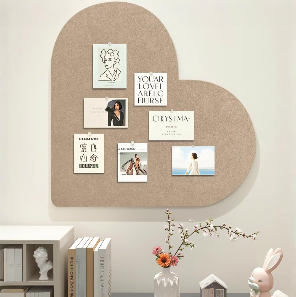 Heart-Shaped Felt Letter Board,Felt Memo Bulletin Panels,Wall Mounted Cork Board for Office Classroom Memory for Jewelry Organizer Wedding Decor (Dark Camel)