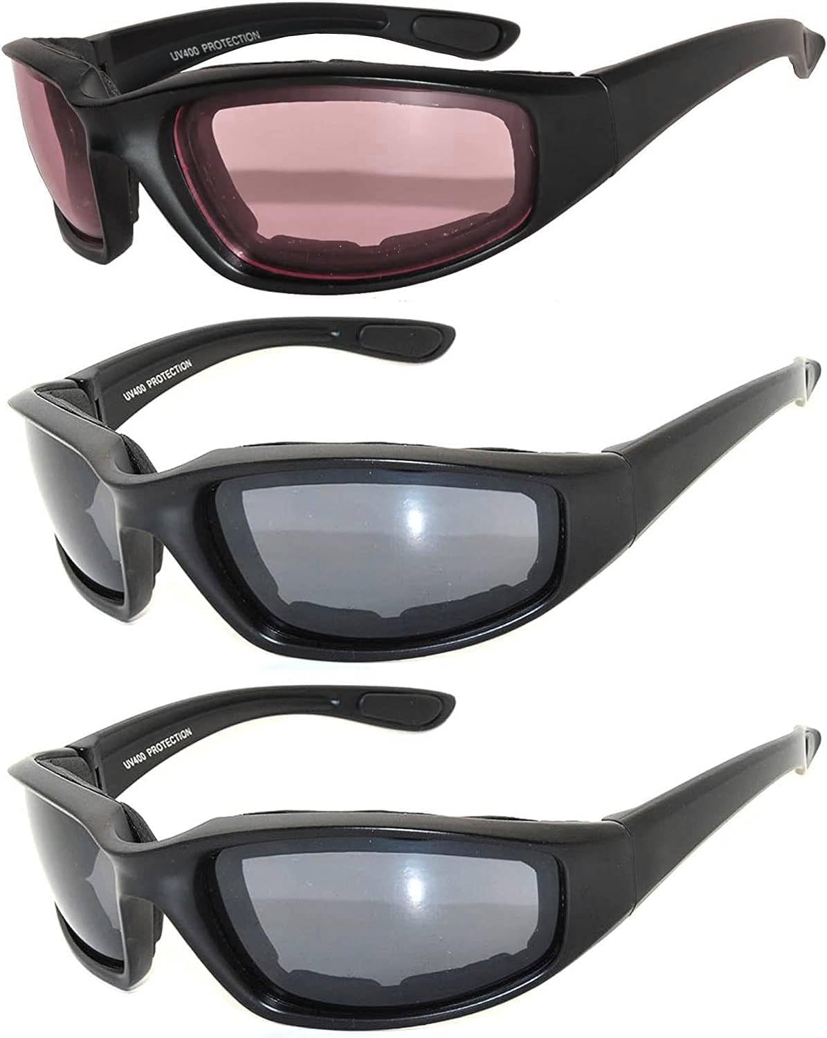 OWL Set of 3 Pairs Motorcycle Riding Sunglasses Padded Foam Unisex Glasses with Mirror, Smoke, Yellow, Clear Lens UV400