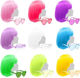 9 Pieces Colorful Bob Wig, 12" Straight with Flat Bangs, Bubble Gum Series Colored Party Wigs, Wigs for Women of Bachelorette Party Favors, Come with Extra Heart Bachelorette Sunglasses
