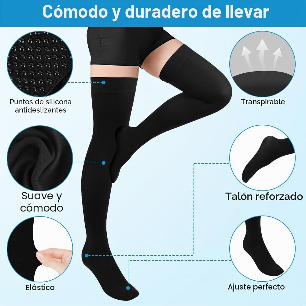 Medias de Compresión mujer hombre, Hasta el Muslo 23-32 mmHg, Soporte Graduado Médicas de Compresión de Punta Cerrada para Varices, Edemas, Vuelos, Deporte