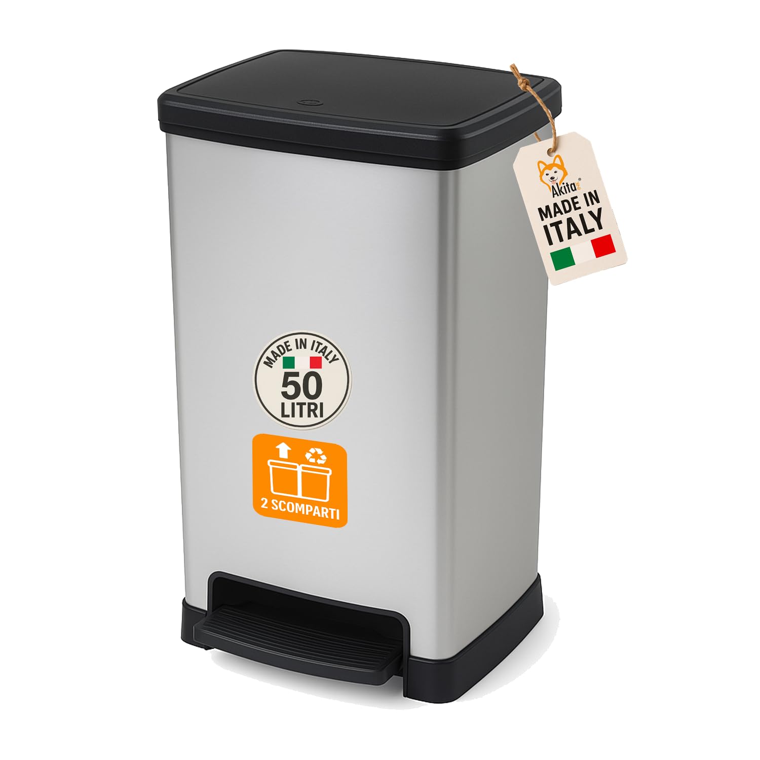 AKITAInk Pattumiera a Pedale BIG XXL 28,8x39x65,4 cm - Compatibile con 2 Sacchetti, Chiusura Soft Close, Raccolta Differenziata, Grigio Metallizzato, per Cucina e Ufficio, Facile Pulizia
