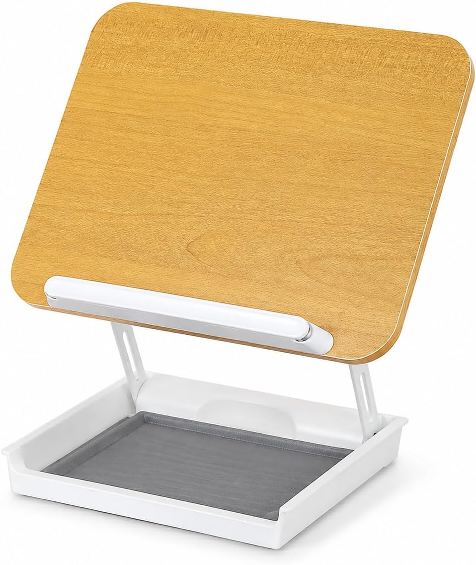 Adjustable With Storage Box For Books Laptops Board Desktop Book Holder Ergonomic Angle Tilted Dock For Students Readers Workers Suitable For Desk Bedside Table, White Wood Grain + Storage Box