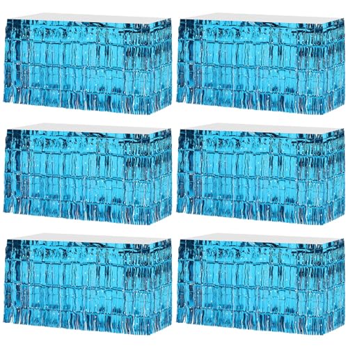 Windkream 6 Pack 29x108 Inch Teal Blue Wavy Tinsel Foil Fringe Table Skirts Table Decorations for Mermaid Birthday, Summer Beach Theme Party, The Ocean Tropical Luau Shark Birthday Party Decor