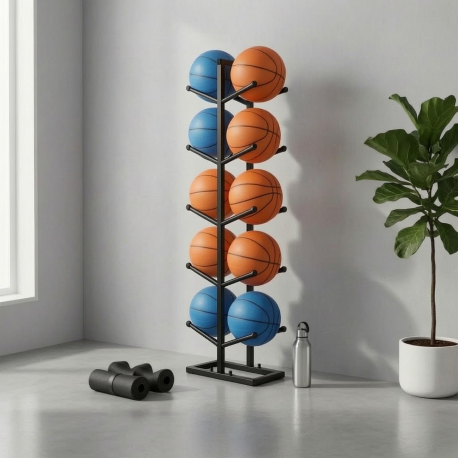 Yajuyi Estante para Balones Organizador de Pelotas Soporte Almacenamiento Exhibidor Estructura de Cinco Niveles Hierro Tubular Base Estable Ahorro de Espacio