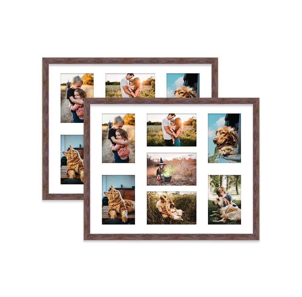 Walnut Multi Photo Frame - Holds 7 x 6x4 Pictures, Family Collage Picture Frame for Wall Display, 20x16 Frame size, Set of 2