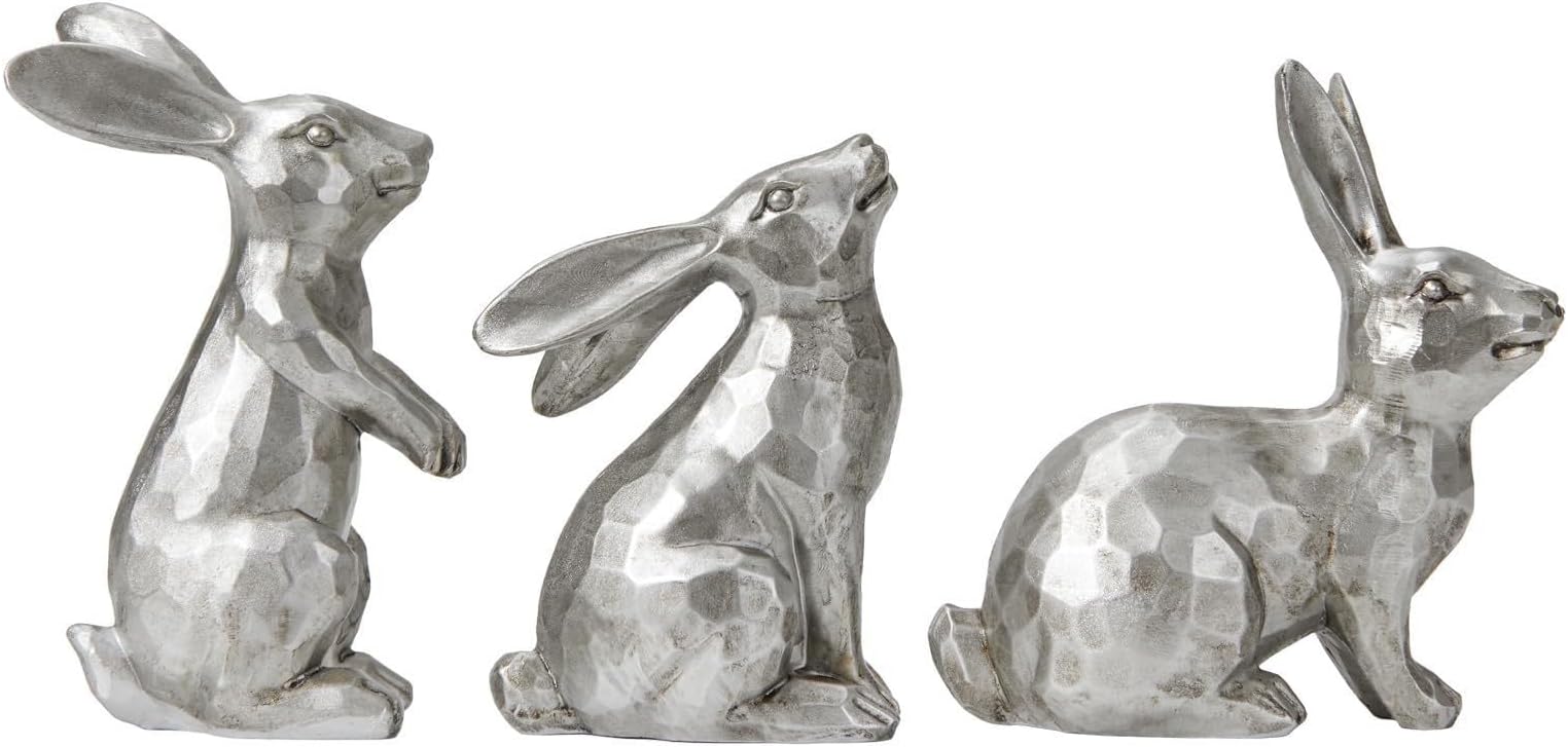 – Easter Bunny Decorations Set of 3, Resin Rabbit Statues, Home Decor Spring Rabbit Figurines, Retro Bunny Sculptures Table Centerpiece, Vintage Farmhouse Indoor Decor Gift (Silver)