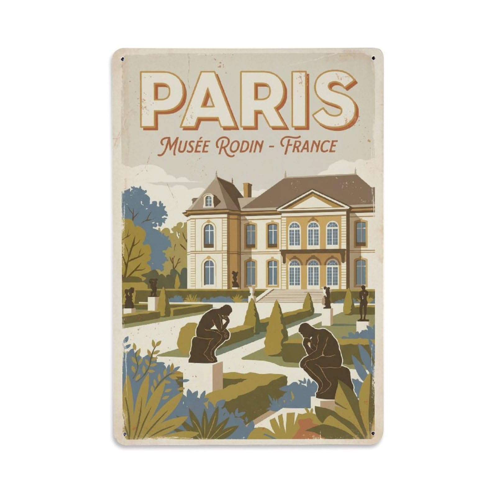 Vintage Travel Paris Rodin Museum Gardens Rusted France Metal Tin Sign Plaque Wall Decor for Cafe, Club Bar, Office, Home Garden Metal Poster 8x12Inch