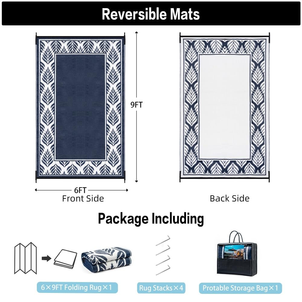 HUGEAR Outdoor Plastic Straw Rug, Waterproof Mat, Washable Large Floor Mat and Rug for Outdoors, RV, Beach, Patio, Camping, Backyard, Deck, Picnic, Outside (6x9ft,Olive-Leaf/Dark blue&white)