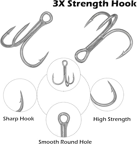 Miniatura 10 de Kit de ganchos agudos de pesca, ganchos de acero de alto carbono de gran tamaño, 3 ganchos curvados redondos fuertes y afilados con anillos